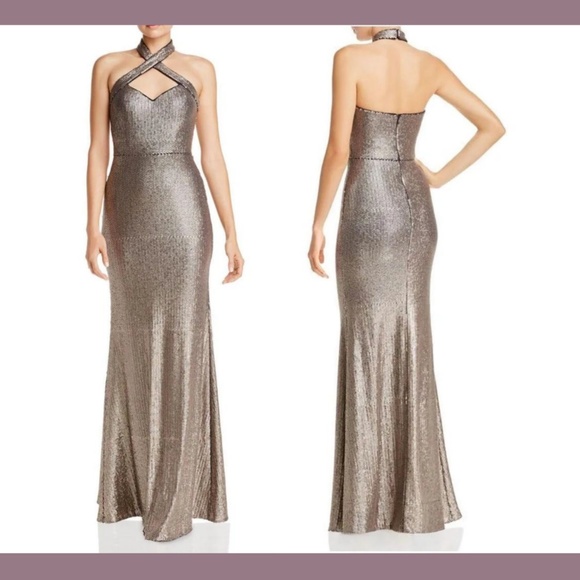 NEW XSCAPE [ 8 ] Allover Sequin Crisscross Halter‎ Gown in Glittery - Picture 1 of 12